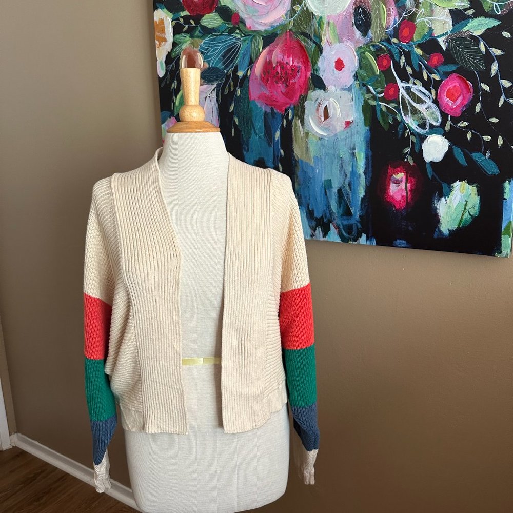 CAbi Slouchy Cardigan Sweater With Tri-Color Batwing Sleeves Size Small